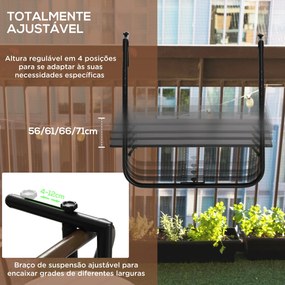 Mesa Suspensa para Varanda Mesa de Parede de Aço com Altura Ajustável em 4 Posições 60x60,5x56-71 cm Preto