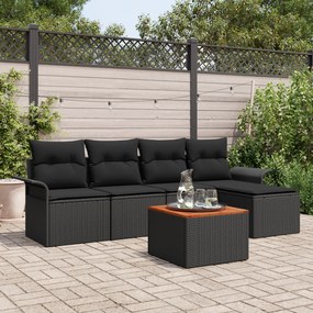 Conjunto de Sofá de Jardim vidaXL de 6 Peças com Almofadas Pretas de Vime Poly e Acácia