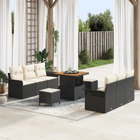 Conjunto de Sofás de Jardim 9 Peças com Almofadas Rattan Preto Poliést