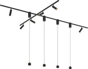 Sistema de calhas de iluminação moderno preto com 6 focos e 4 candeeiros suspensos Easylift monofásico - Slimline Uzzy Tira