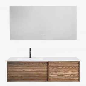 Conjunto De Móvel De Casa De Banho Suspenso Em Madeira Com Lavatório Integrado Solea Castanho Fresno & Retangular Led E Anti-embaciamento - Sklum