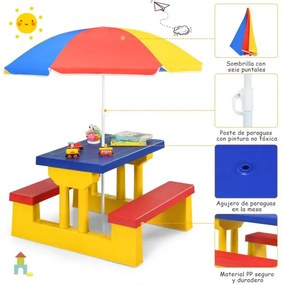 Conjunto de mesa e banco infantil para exterior com guarda-sol para crianças Mobiliário de piquenique para crianças 67 x 41 x 47 cm Multicolor