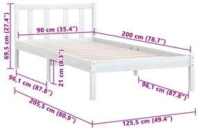 Estrutura de Cama Jane em Madeira de Pinho - 90x200 cm - Branco - Desi