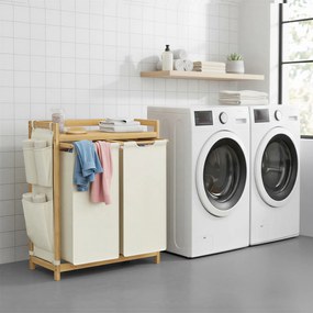 Cesto da roupa suja com 2 compartimentos, bambu 100 L, 63,2 x 33 x 78 cm branco