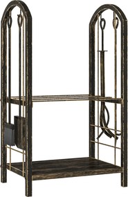 Porta-Lenha Metálico de 2 Níveis com 4 Ferramentas para Lareira e Ganchos 43x30x74 cm Castanho Escuro