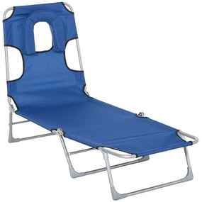 Outsunny Espreguiçadeira de Jardim Reclinável e Dobrável com Orifício de Leitura Apoio para Cabeça e Encosto Ajustável em 4 Níveis para Praia 182x56x24,5 cm Azul