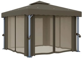 Gazebo com cortinas e cordões de luzes LED 3x3 m cinza-acastan.