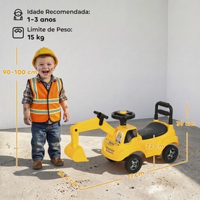 Escavadora sem Pedais para Crianças 1-3 Anos com Buzina de Ar Braço Escavador e Arrumação 15 kg Amarelo