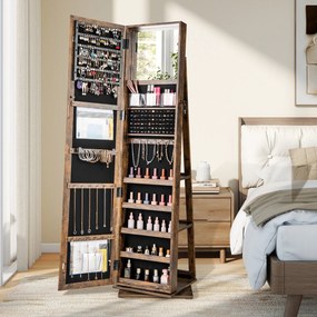 Armário para joias 43 x 38 x 159 cm giratório 360° com espelho de corpo inteiro prateleiras traseiras cor castanho vintage