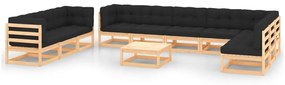 vidaXL 11 pcs conj. lounge jardim c/ almofadões antracite pinho maciço