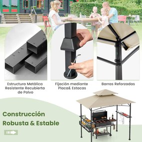 Tenda 242 x 153 cm com 2 estantes laterais, cesto, ganchos e abridor de garrafas; Estrutura metálica para jardim ou pátio, cor bege