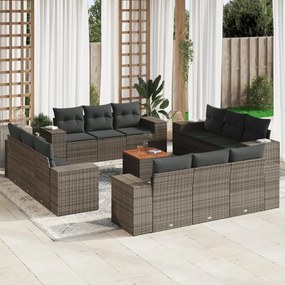 13 pcs conjunto sofás p/ jardim c/ almofadões vime PE cinzento