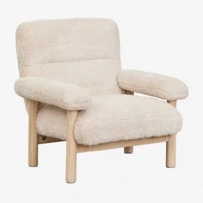 Poltrona Estofada Em Madeira De Freixo Bernia Cabelo Sintético Bege Creme - Sklum