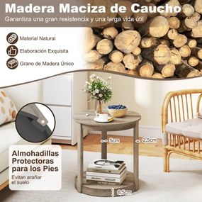 Mesa de centro redonda, mesa apoio, mesa cabeçeira 60,5 x 61 cm com 2 níveis em madeira de caucho Mesa auxiliar estilo rústico cinzento