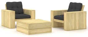 3 pcs conjunto lounge de jardim com almofadões pinho impregnado
