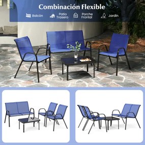 Conjunto de jardim exterior de 4 peças Mesa de café em vidro temperado Banco e 2 cadeiras individuais Tecido Textilene Mesa e cadeiras azuis