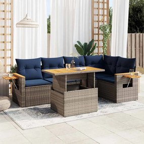 6 pcs conjunto sofás jardim com almofadões PE/acácia cinzento