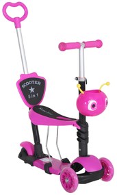 HOMCOM 5 em 1trotinete para crianças de acima de 1 ano 3 rodas trotinete com assento removível guiador ajustável 62x25x72,5 cm rosa