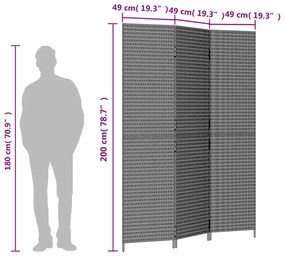 Biombo de divisão 3 painéis vime PE preto
