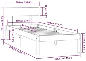 Estrutura de cama 100x200 cm pinho maciço cinzento