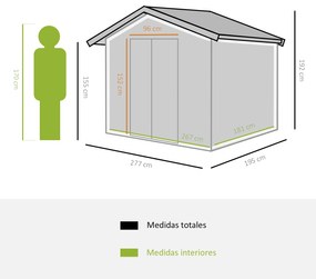 Abrigo de Jardim Exterior Abrigo e Jardim Metálico para Armazenamento de Ferramentas com Base Incluída e 4 Janelas 5,2 m² 277x195x192cm Verde Claro