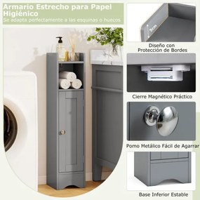 Móvel de casa de banho 18 x 19,5 x 80 cm, estreito com porta e prateleiras ajustáveis, suporte para rolo de papel higiénico cinzento