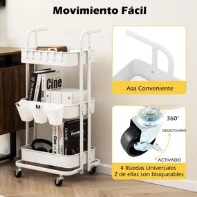 Carrinho de arrumação dobrável de 3 níveis com 3 copos suspensos e 6 ganchos Rodas Carrinho utilitário móvel para cozinha e escritório Branco