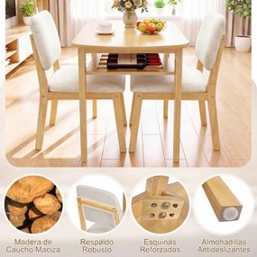 Conjunto de 1 Mesa de Jantar Oval e 2 Cadeiras, 80 x 53 x 74 cm, Assentos Acolchoados, Natural
