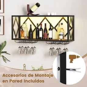 Garrafeira parede para vinho com luzes LED e 6 suportes para copos Capacidade para 39 garrafas e 12 copos para casa Bar 51 x 26,5 x 60 cm Castanho + P
