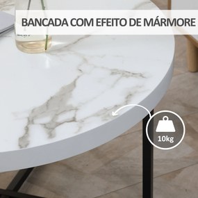 mesa de Centro Mesa de Sala de Estar Redonda com Bancada Similar ao Mármore e Estrutura de Metal para Escritório Estilo Moderno 80x80x45cm Branco e Pr