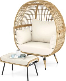 Cadeira Ovo Jardim com Pufe Conjunto de 2 peças de vime com almofadas macias e apoio para os pés Castanho claro