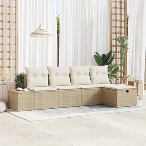 Conjunto de Sofás de Jardim de 5 Peças com Almofadas Bege Rattan Polie