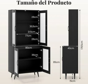 Armário despensa de cozinha 80 x 40 x 178,5 cm, com 4 portas transparentes e prateleira ajustável preta
