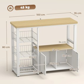 Móvel de Arrumação de Cozinha para Micro-ondas, 100 x 35 x 80 cm, 3 Cestos Deslizantes, Branco