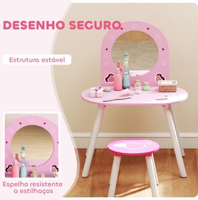 Toucador Infantil com Banco e Espelho Toucador para Meninas com Desenhos de Corações  60x43,5x83 cm  Rosa