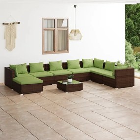 vidaXL 9 pcs conjunto lounge jardim c/ almofadões vime PE castanho