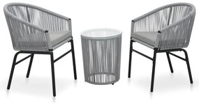 3 pcs conjunto de bistrô com almofadões vime PE cinzento