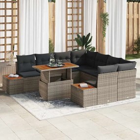 vidaXL Conjunto de Jantar de Jardim com 9 Peças e Almofadas Cinza em Rattan Sintético e Acácia