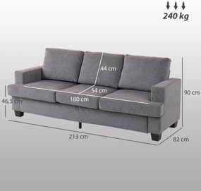 Sofá de 3 Lugares Sofá Sala de Estar 213x80x90 cm Estofado em Chenille Estrutura de Aço e Desenho Moderno Cinzento
