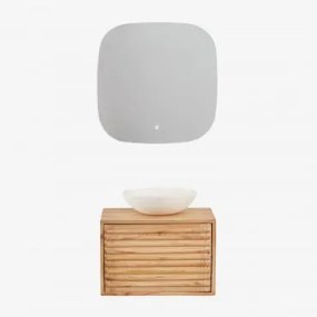 Conjunto De Móveis De Banheiro De Madeira Suspensos Deleyna Madeira Natural & Cimento Redondo Branco Ø40 Cm Zavion & Quadrado Led - Sklum