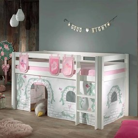 Conjunto Cama alta de Criança PINO 90 x 200 cm + estrado + escada + cortina +3 bolsas Passaros Branca