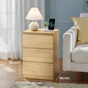 Mesa de cabeceira moderna com 2 tomadas e 2 portas USB com 3 gavetas 35 x 40 x 59 cm em amarelo palha