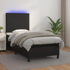 Cama box spring c/ colchão/LED 100x200cm couro artificial preto