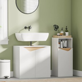 Móvel para lavatório (NÃO INCLUIDO), móvel de casa de banho com 2 portas com fecho suave, 60 x 35 x 57,9 cm, branco e madeira natural