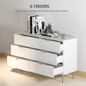 Cómoda de 6 gavetas 120 x 40 x 76,5 cm, para quarto, móvel de arrumação moderno com puxadores e pés dourados, branca