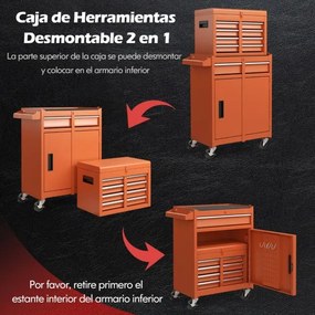 Caixa para ferramentas  (NÃO INCLUIDAS) com 5 gavetas e rodas bloqueáveis, prateleira ajustável 59 x 28 x 102 cm, laranja