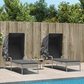 vidaXL Espreguiçadeiras com toldos e mesa 2 pcs vime PE cinzento-claro