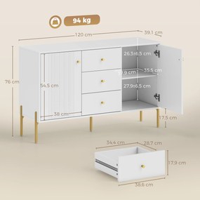 Aparador Moderno de 2 Portas Aparador de Sala com 3 Gavetas Prateleiras Ajustáveis Branco 120x39,1x76 cm