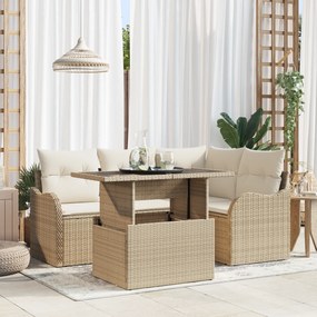Conjunto de Sofá de Jardim vidaXL de 5 Peças com Almofadas Bege de Rattan Poliéster