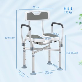 Cadeira de Duche com Abertura em U, Altura Regulável, Antiderrapante, com Encosto e Apoios de Braços, até 136 kg, Cinzento